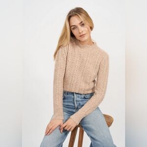 MAREA By Liz Joy Pointelle Alpaca Wool Blend Scalloped Sweater Size XL in Camel